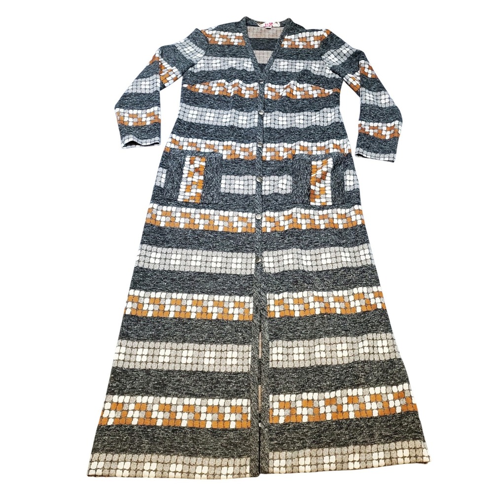 Vtg 70s Kay Windsor Cardigan Duster Mosaic Geometric‎ Print Mod Boho Large